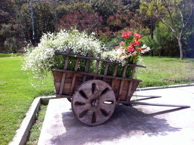 Terraza Jardín y Carreta decorada con Flores en La Grana Evenos